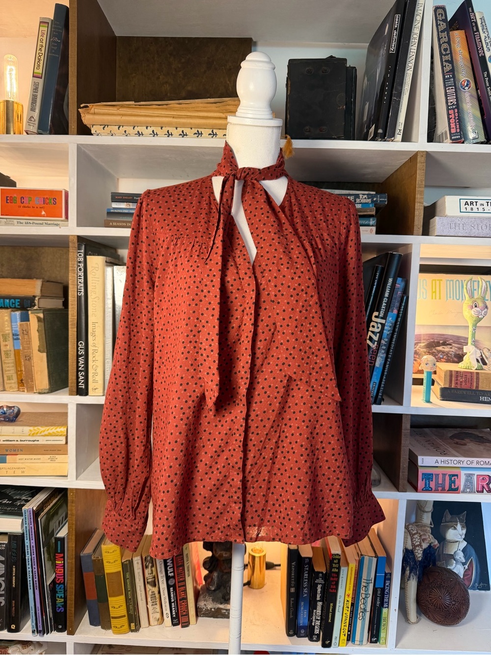 Rust Polka Dot Tie-Neck Blouse - Women